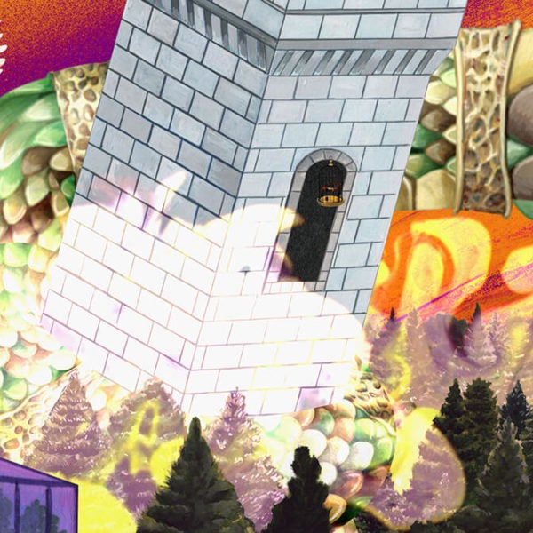 abstract animation of a castle tower in the woods