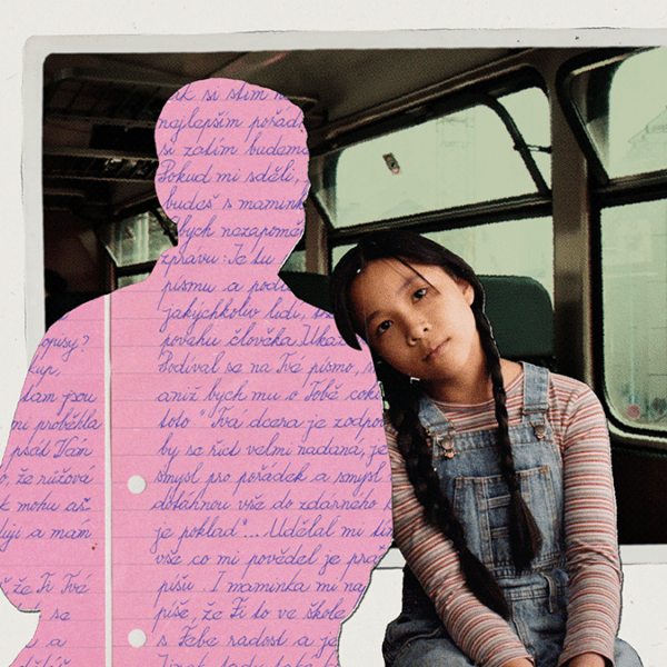 child leans on the shoulder of an animated figure