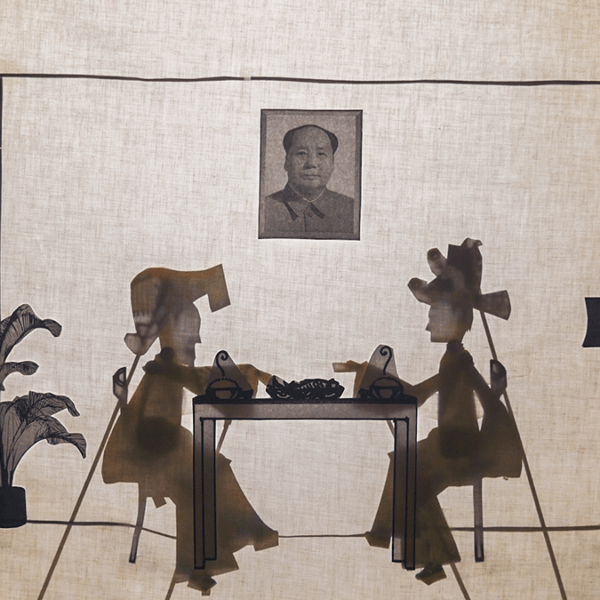 a drawn photo of two people sitting at a table eating food