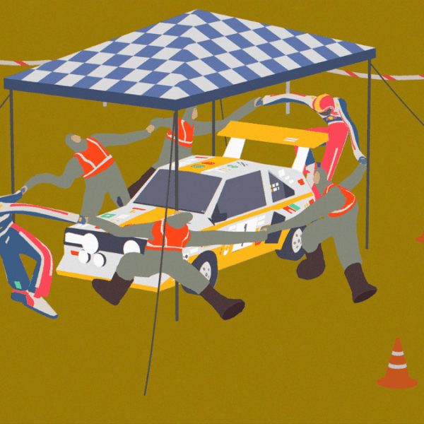 animated people dance around a race car