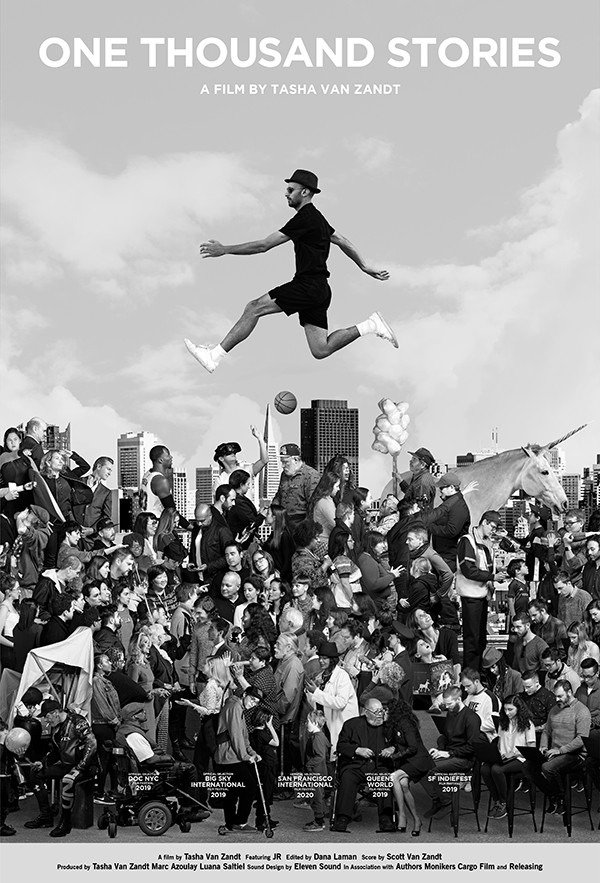 film poster featuring a person jumping high above a large group of people