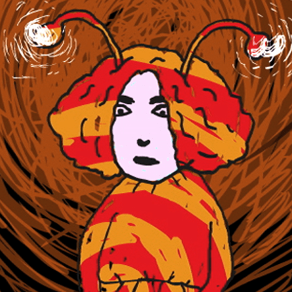 orange and red drawing of a person with antennae