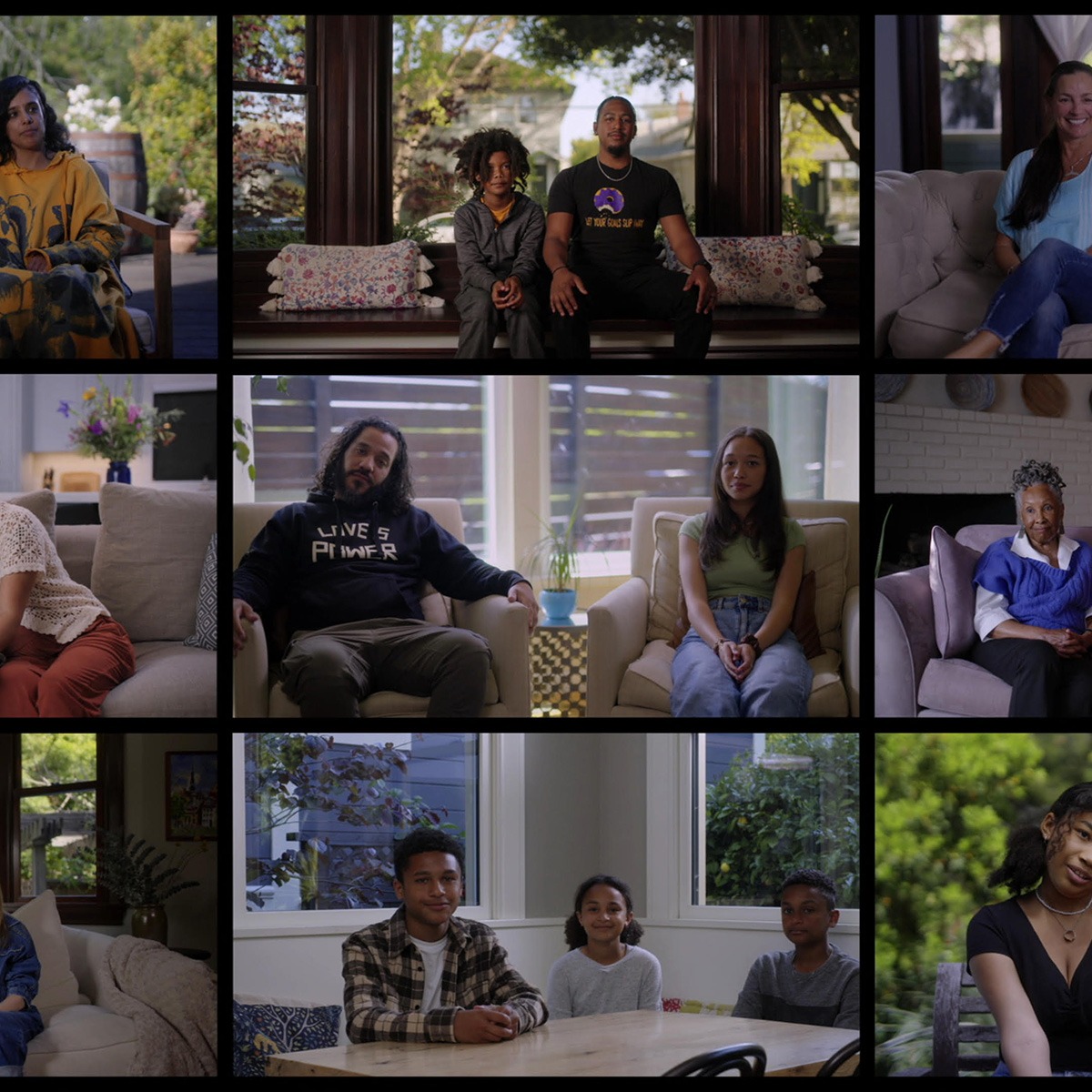a collage of multiple different mixed race families being interviewed.