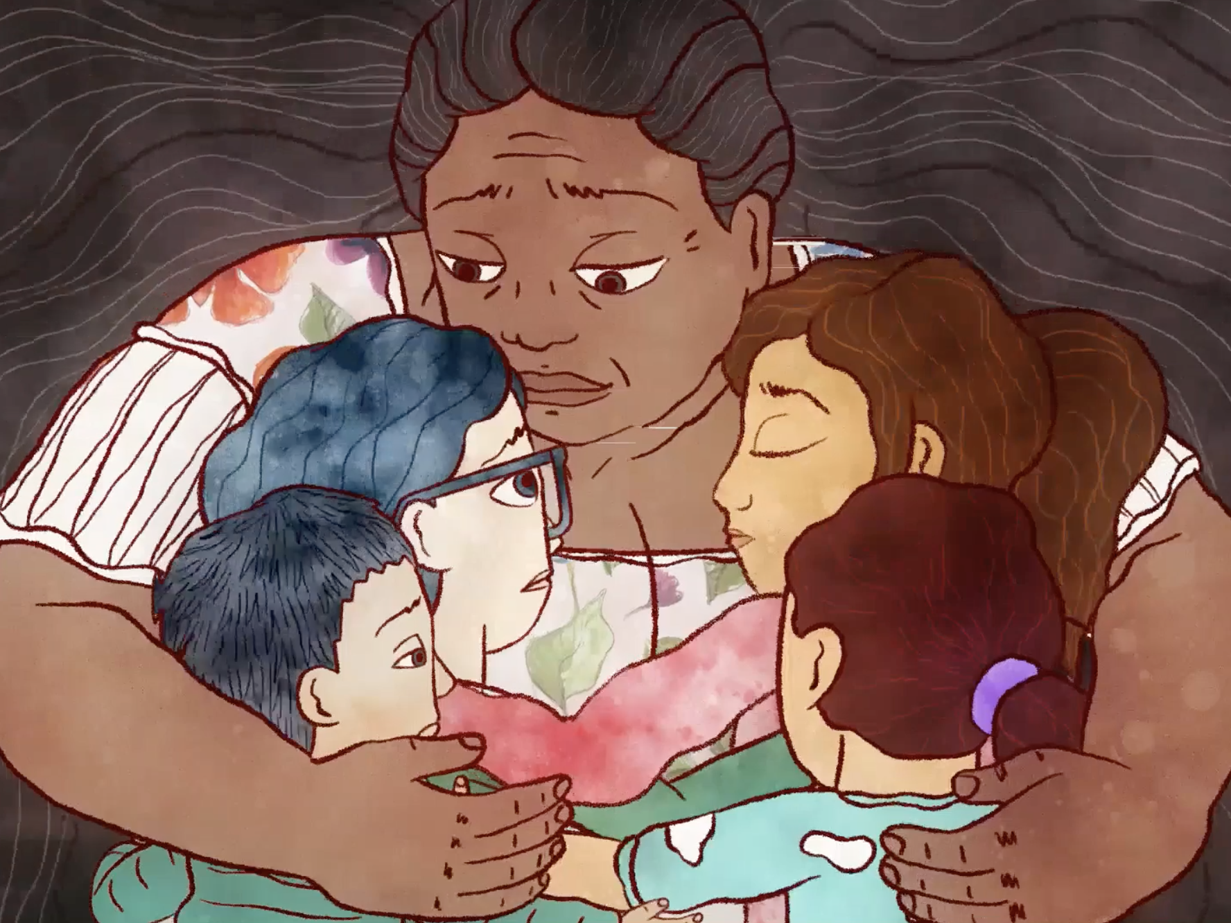 a drawing of a woman with extremely long hair hugging four children in her arms.