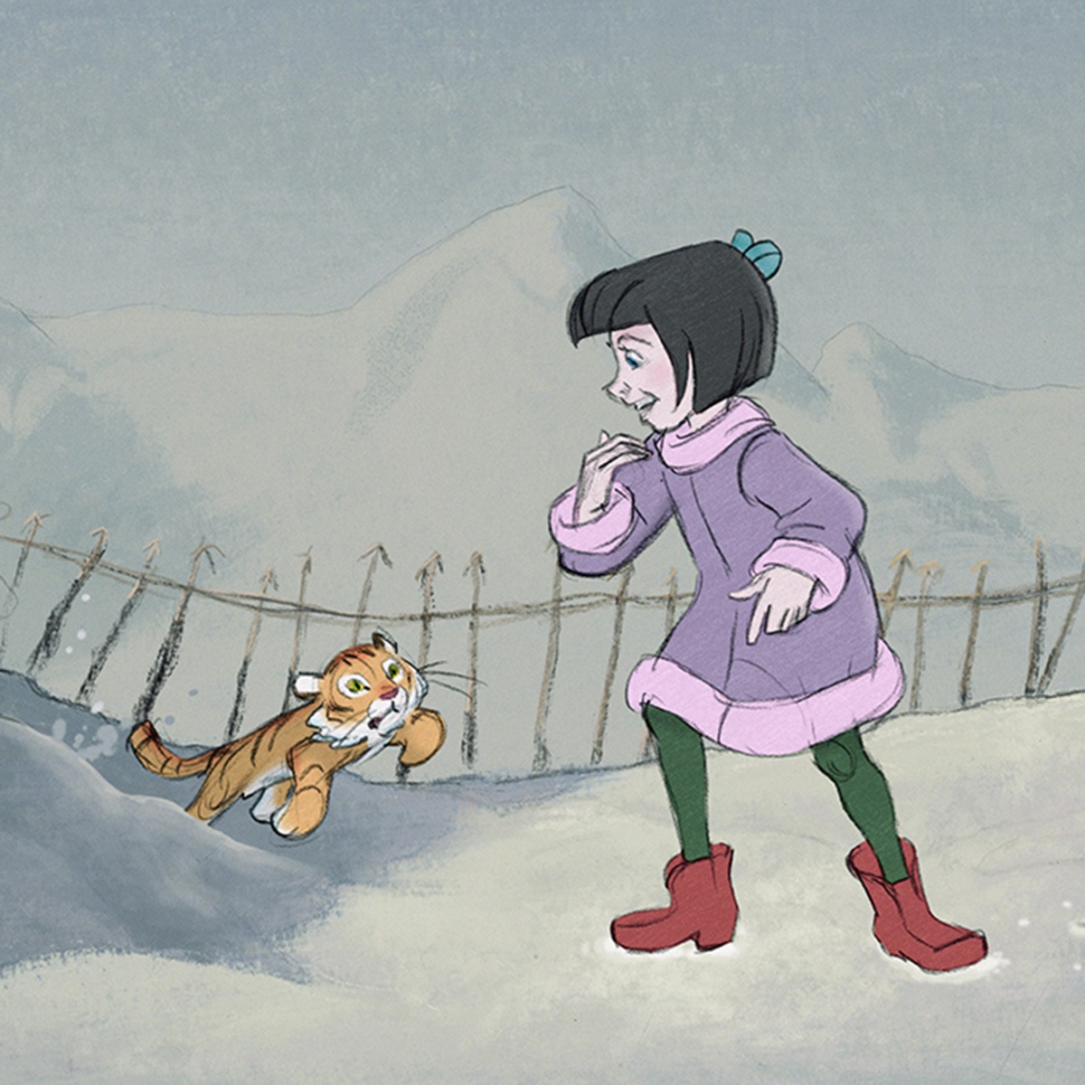 an illustration of a young girl and a baby tiger in the snow.