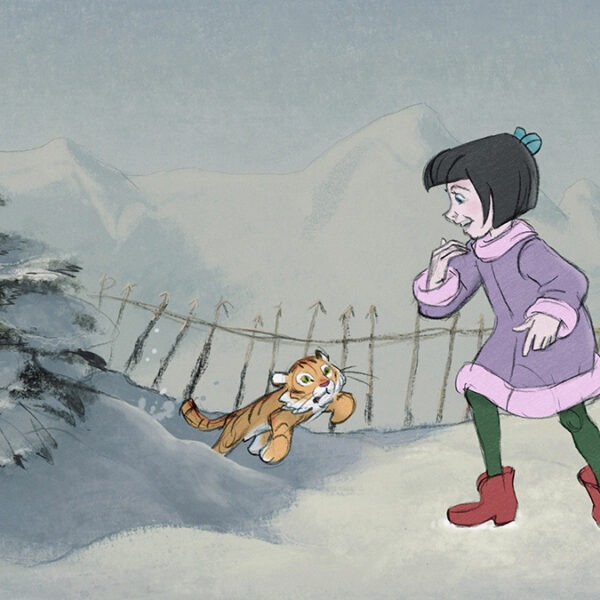 an illustration of a young girl and a baby tiger in the snow.