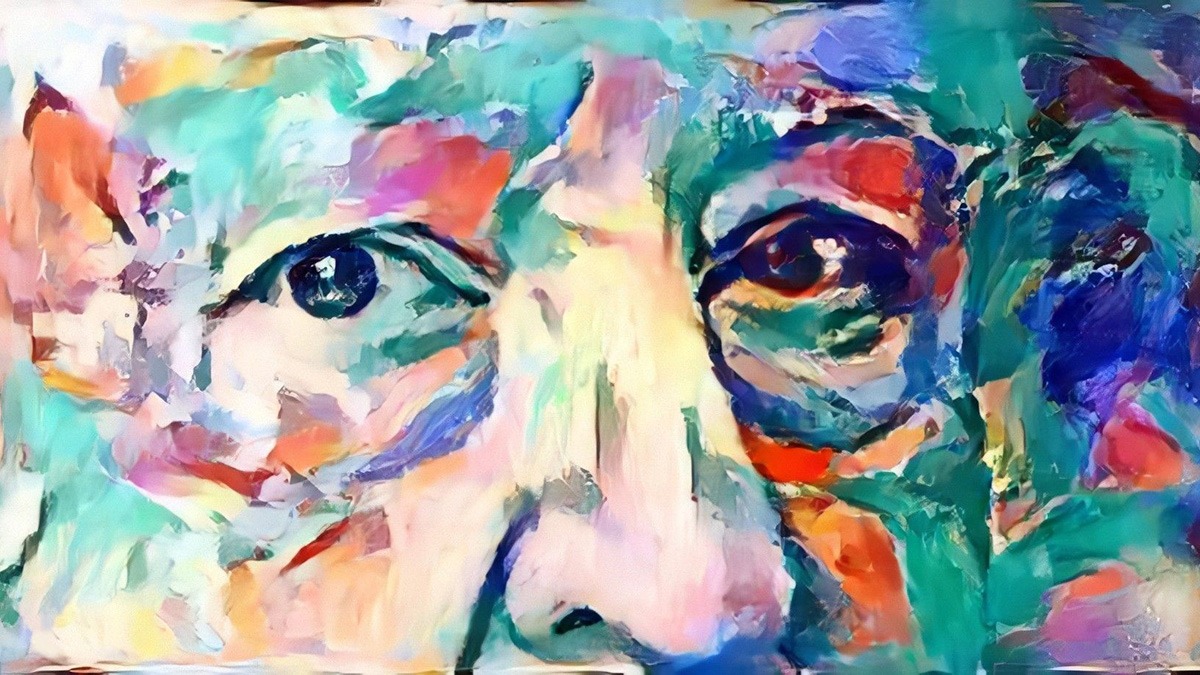 a painting of Alfred Hitchcock's face in acrylic colors.