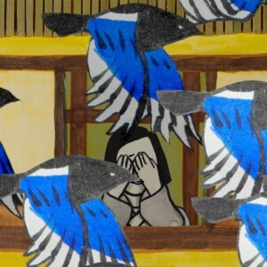 a drawing of birds passing by a girl covering her eyes in the window.