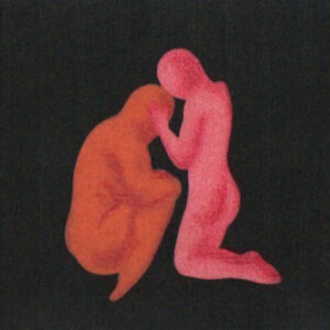 a pink silhouette illustration of a woman embraces an orange silhouette illustration of a man.