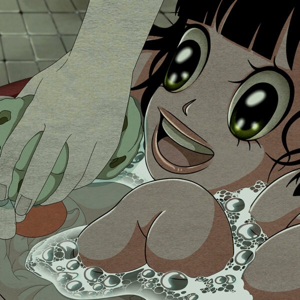 a cartoon woman having a bath.