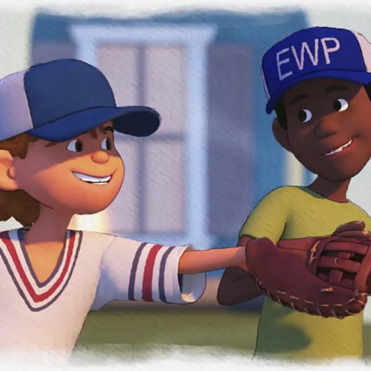 an animation still of two boys playing baseball together.