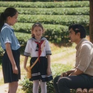two girls in uniforms stand by a man sitting on a bench in a field.