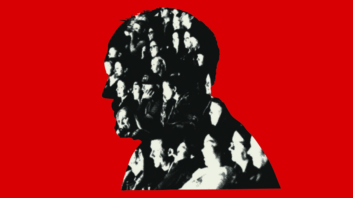 a graphic illustrating a silhouette of a man filled with people in an audience against a red backdrop.