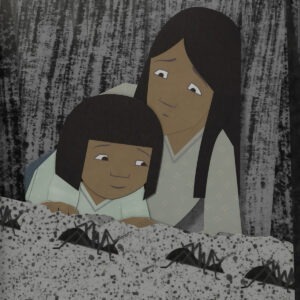A woman and a child are sitting in a dark forest.
