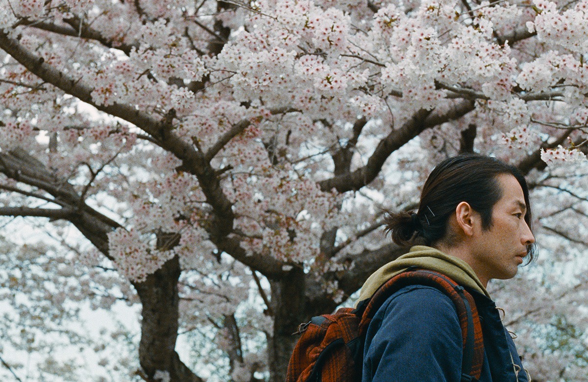 A man in front of a blooming tree.