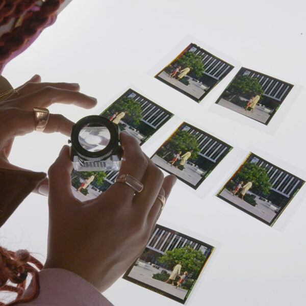 A woman is looking at photos with a magnifying glass.